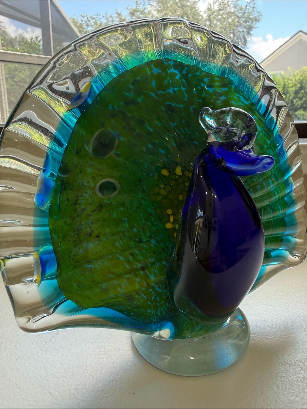 Peacock Art Glass Bird Sculpture - Beautiful Blue & Green Heavy No Flaws